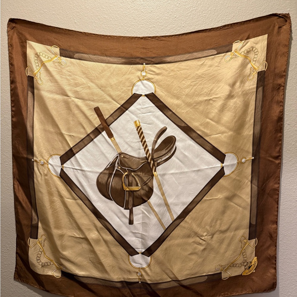 Longchamp Brown and Gold Equestrian Scarf